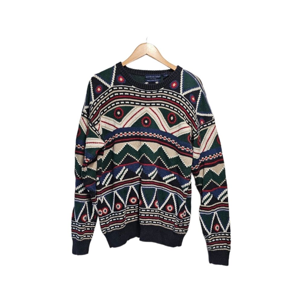 Vintage NORTHERN ISLE Sweater Hand Loomed‎ Intarsia LARGE Aztec